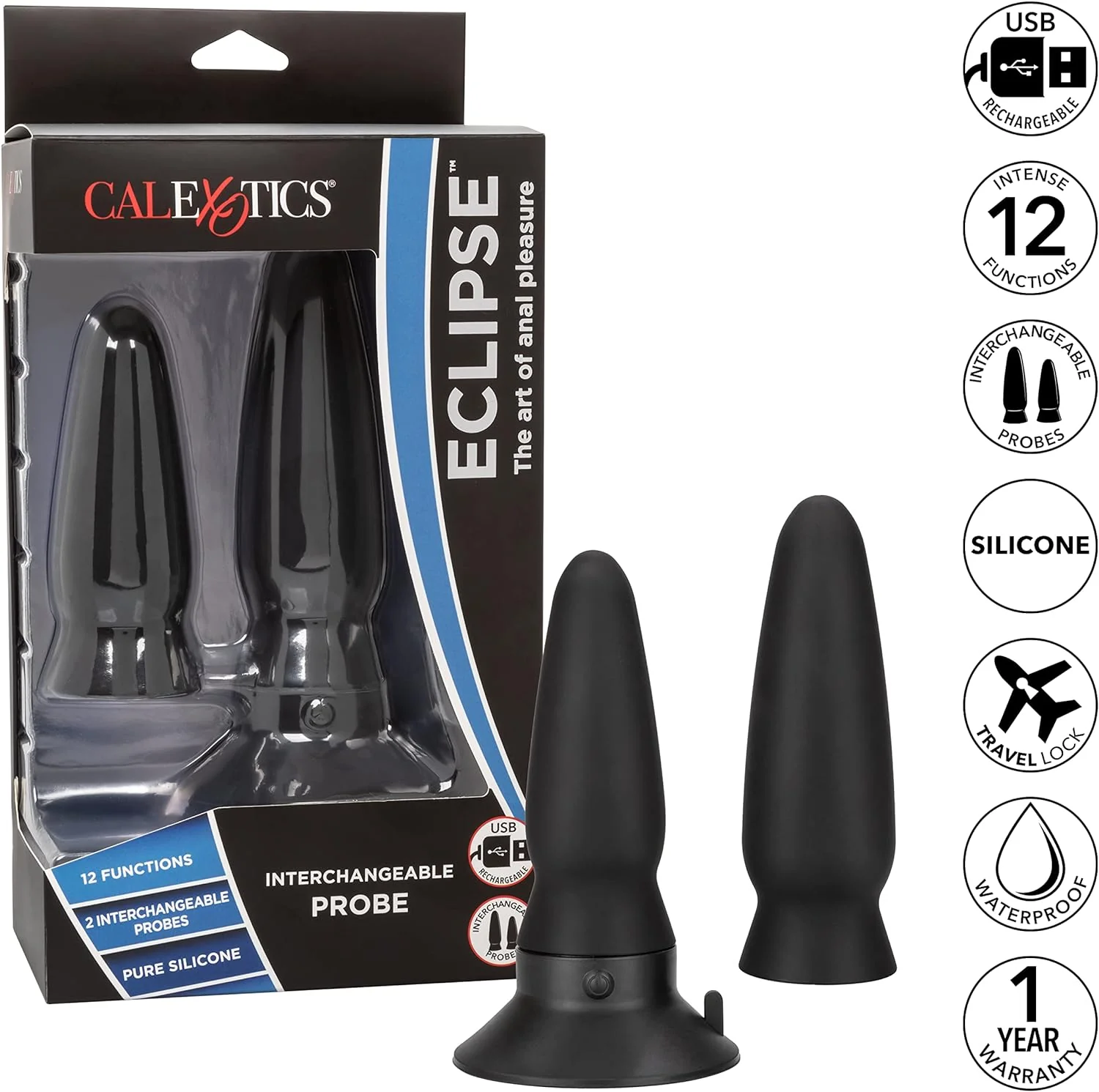 Eclipse Interchangeable Rechargeable Silicone Probe with Remote Control - Black - Image 9