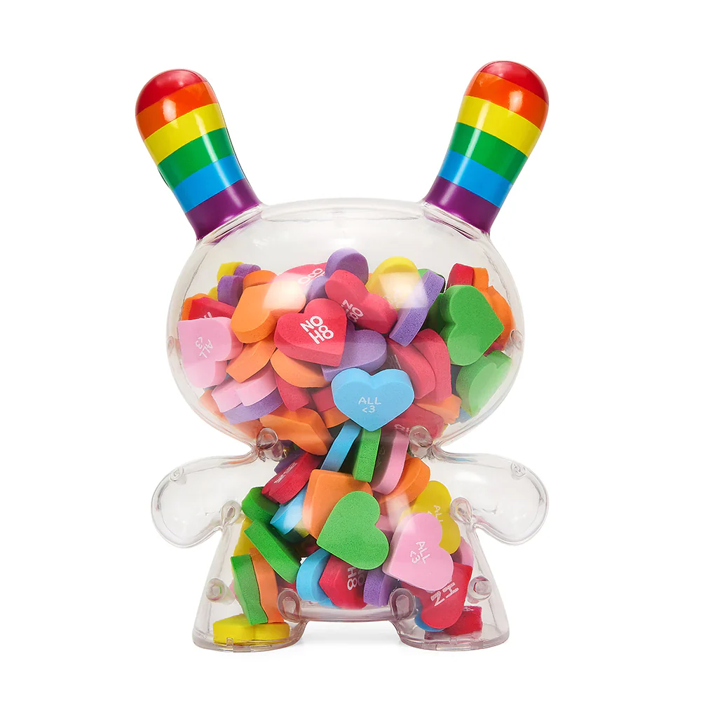 KIDROBOT X NOH8 "ALL <3 NOH8" 8” RAINBOW CLEAR SHELL DUNNY FILLED WITH HEARTS - Image 2