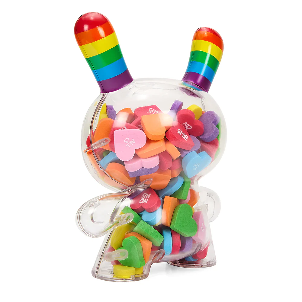 KIDROBOT X NOH8 "ALL <3 NOH8" 8” RAINBOW CLEAR SHELL DUNNY FILLED WITH HEARTS - Image 4