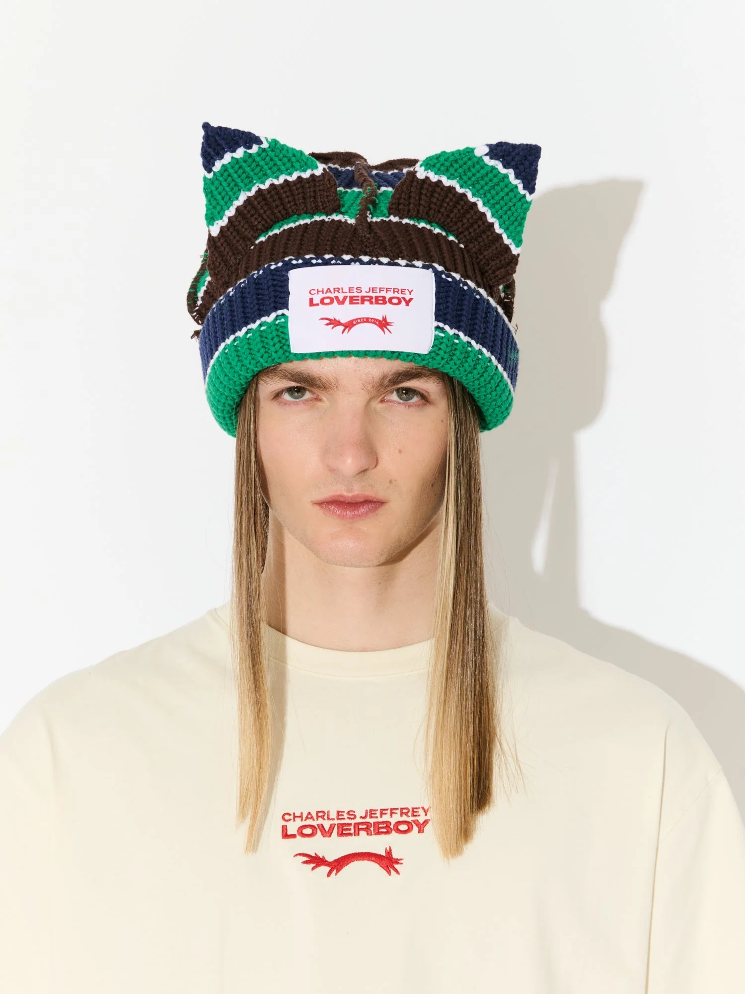 LOVERBOY BY CHARLES JEFFREY CHUNKY EARS BEANIE in GREEN NAVY BROWN - Image 3