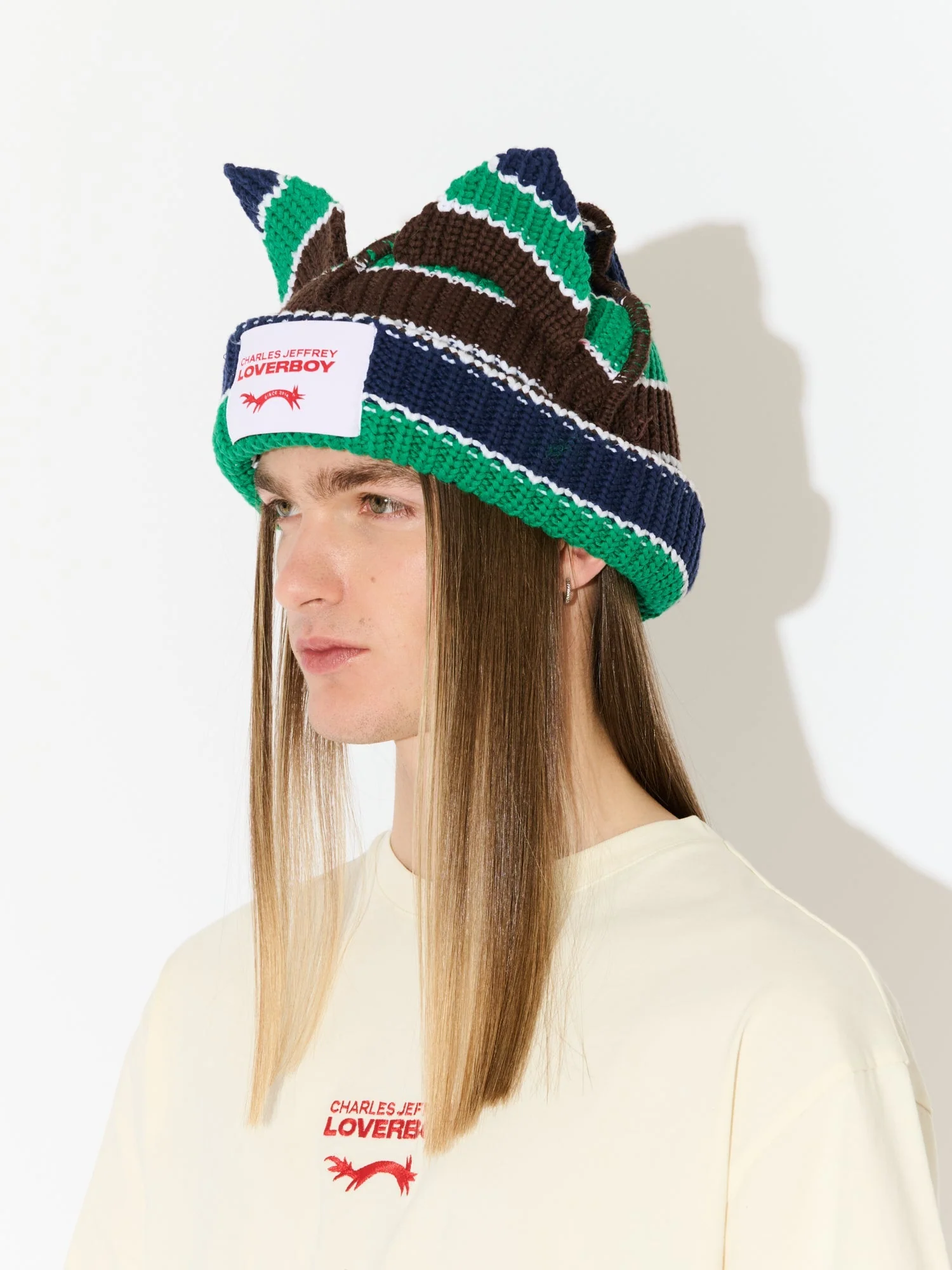 LOVERBOY BY CHARLES JEFFREY CHUNKY EARS BEANIE in GREEN NAVY BROWN - Image 4