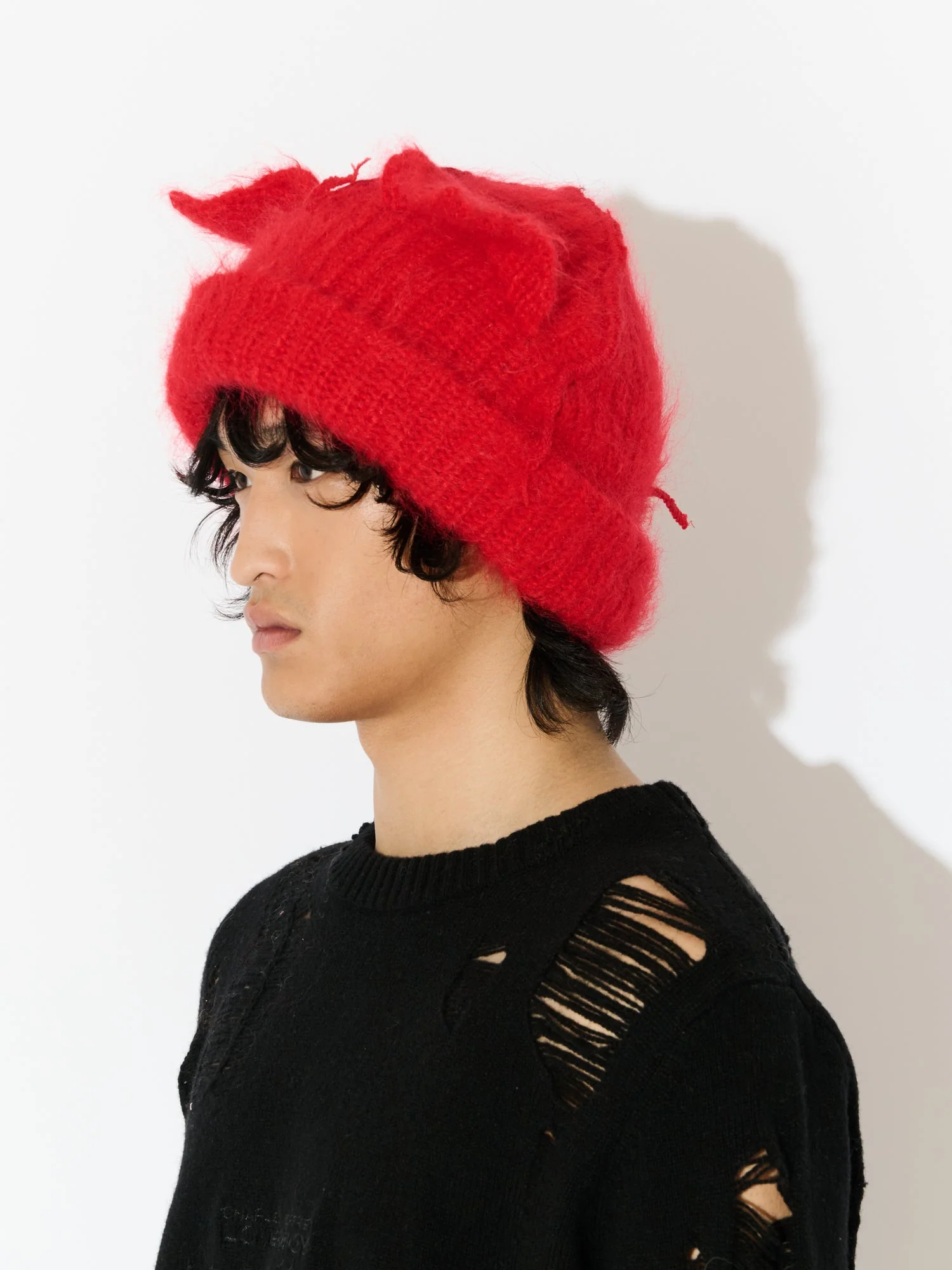 LOVERBOY BY CHARLES JEFFREY MOHAIR CHUNKY EARS BEANIE in RED - Image 4