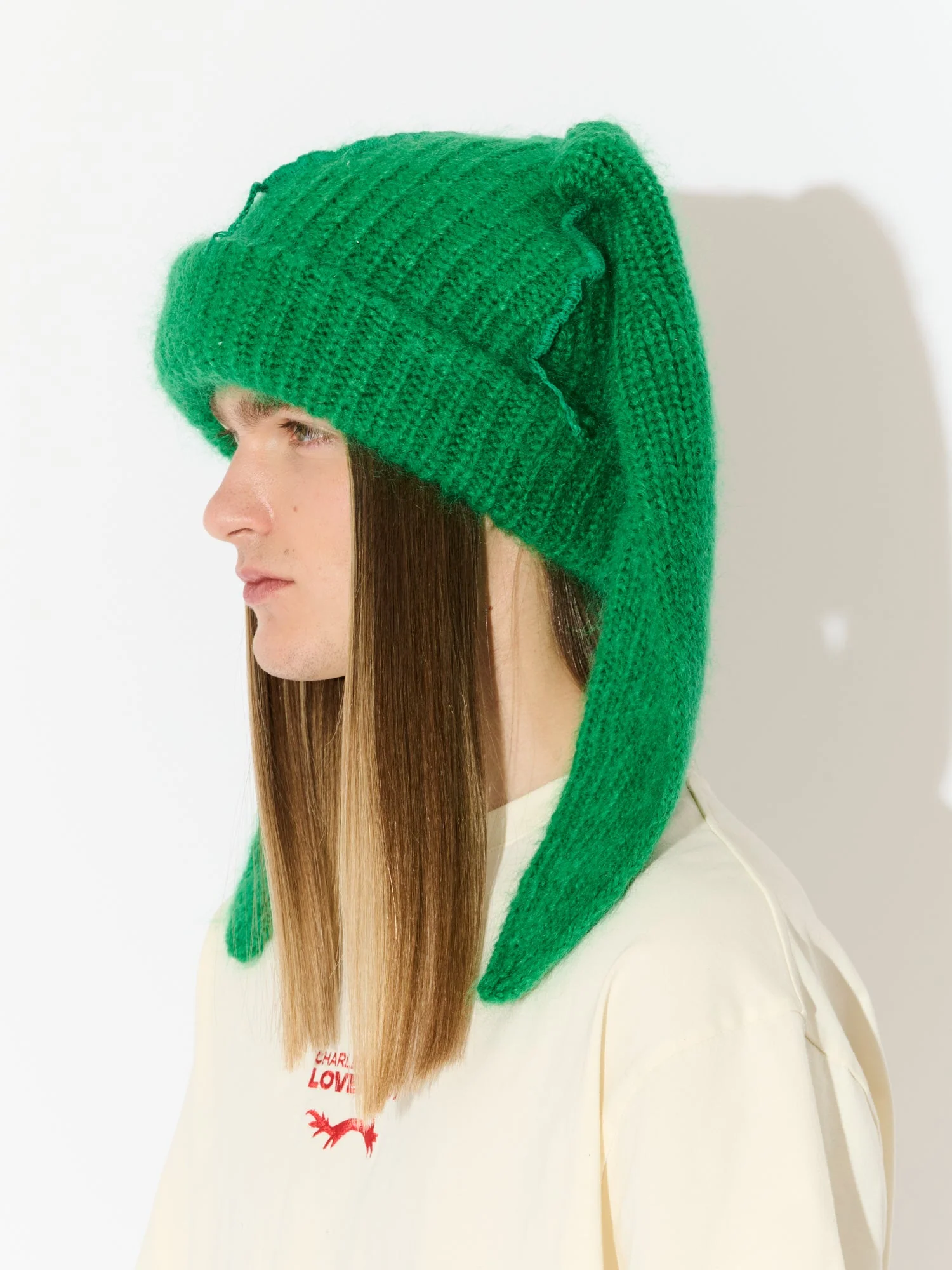 LOVERBOY BY CHARLES JEFFREY MOHAIR CHUNKY RABBIT BEANIE in GREEN - SUN DAMAGED - Image 4