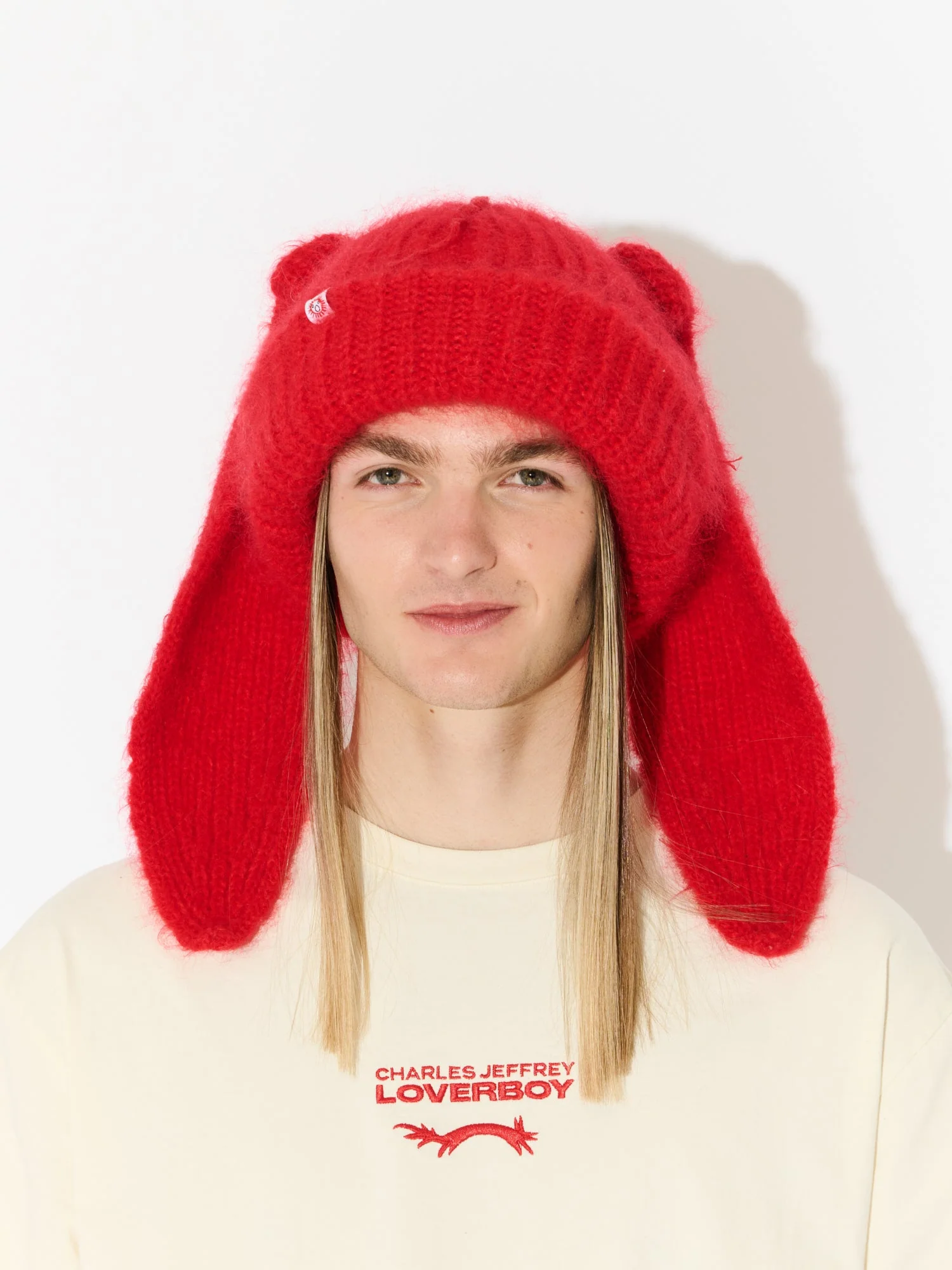 LOVERBOY BY CHARLES JEFFREY MOHAIR CHUNKY RABBIT BEANIE in RED - Image 3