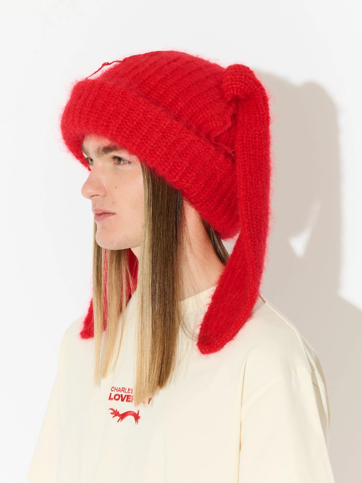 LOVERBOY BY CHARLES JEFFREY MOHAIR CHUNKY RABBIT BEANIE in RED - Image 4
