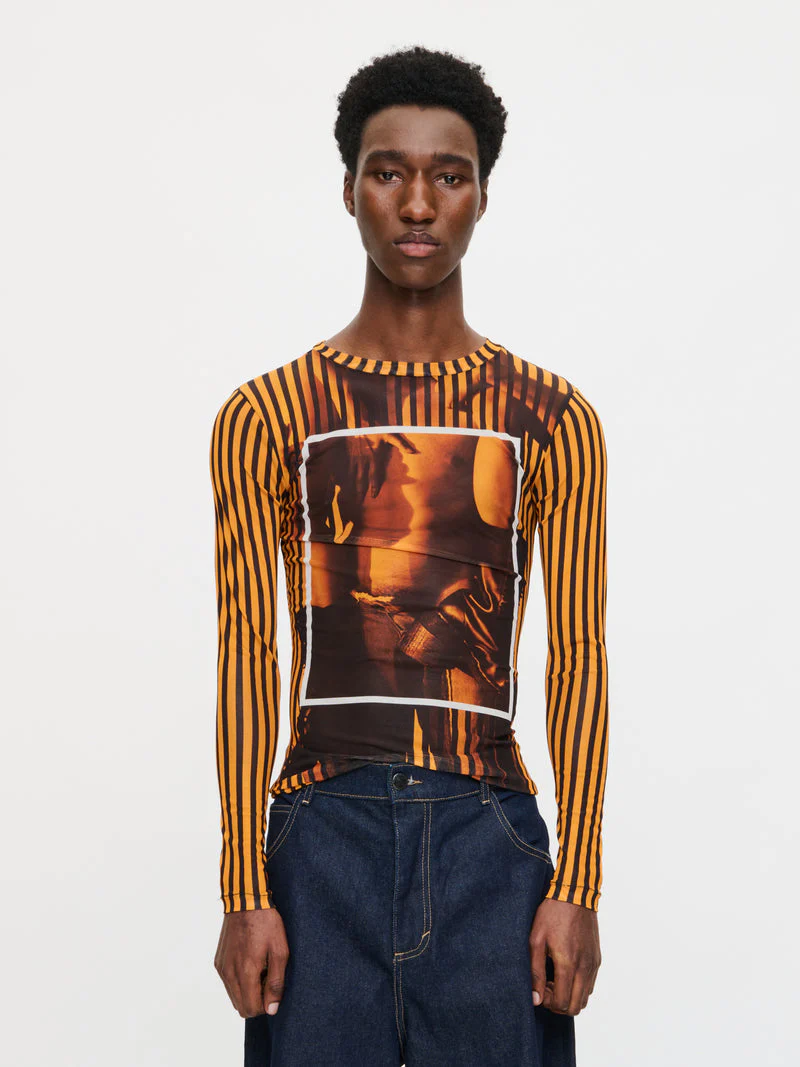 LOVERBOY BY CHARLES JEFFREY POWERMESH LONG SLEEVE TEE in ORANGE BLACK - Image 2