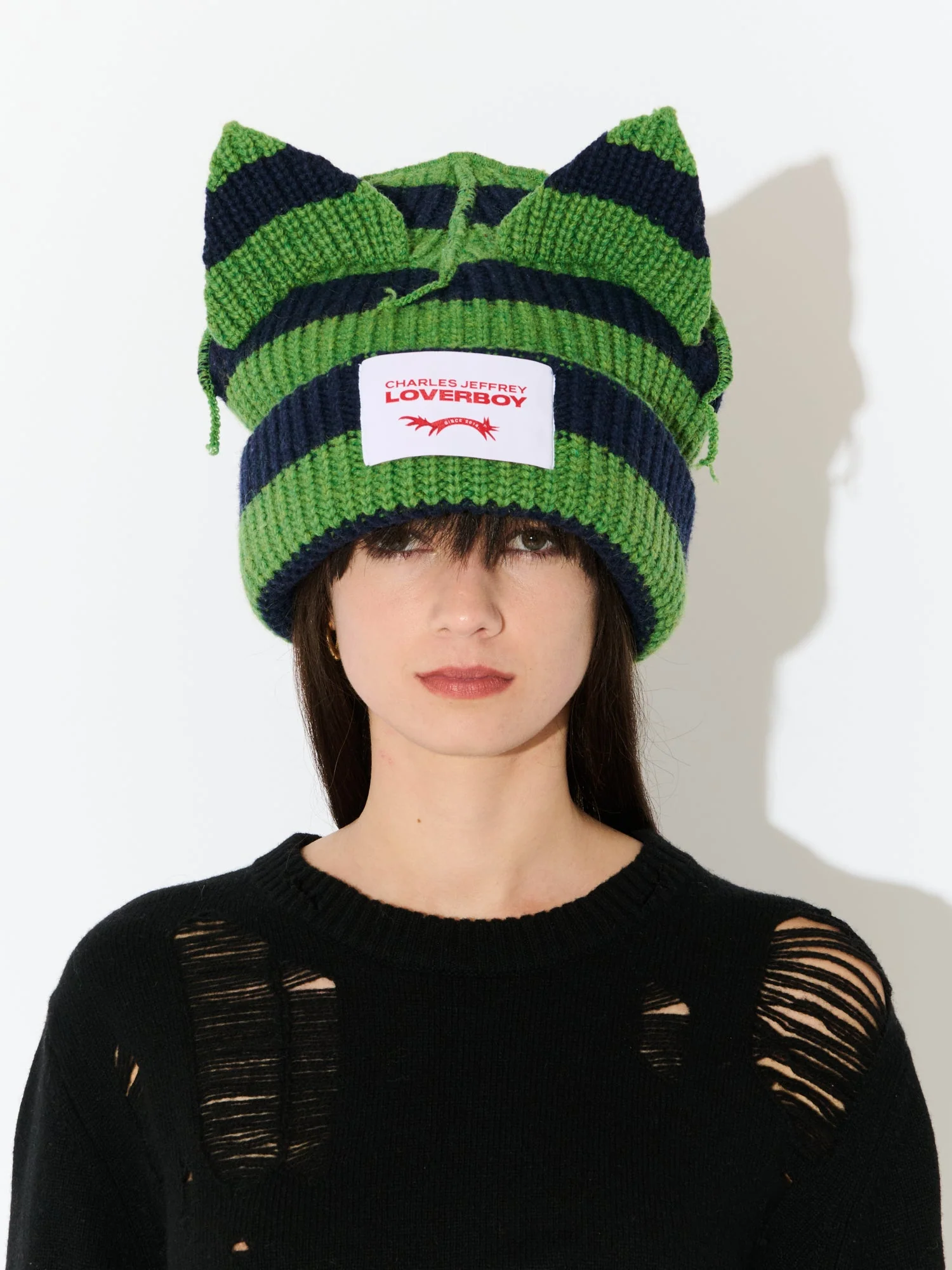 LOVERBOY BY CHARLES JEFFREY SUPERSIZED CHUNKY EARS BEANIE in GREEN NAVY - Image 3