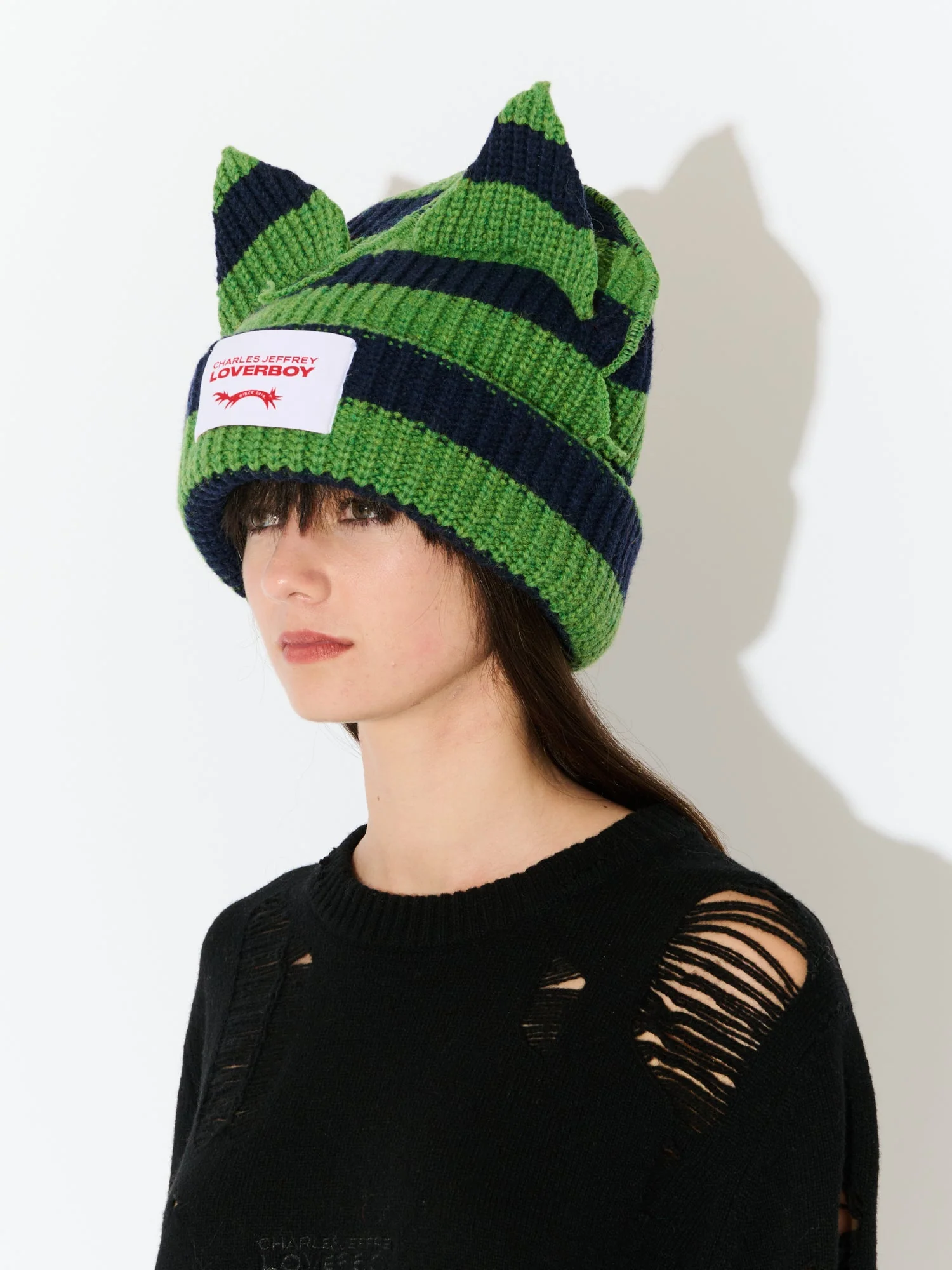 LOVERBOY BY CHARLES JEFFREY SUPERSIZED CHUNKY EARS BEANIE in GREEN NAVY - Image 4