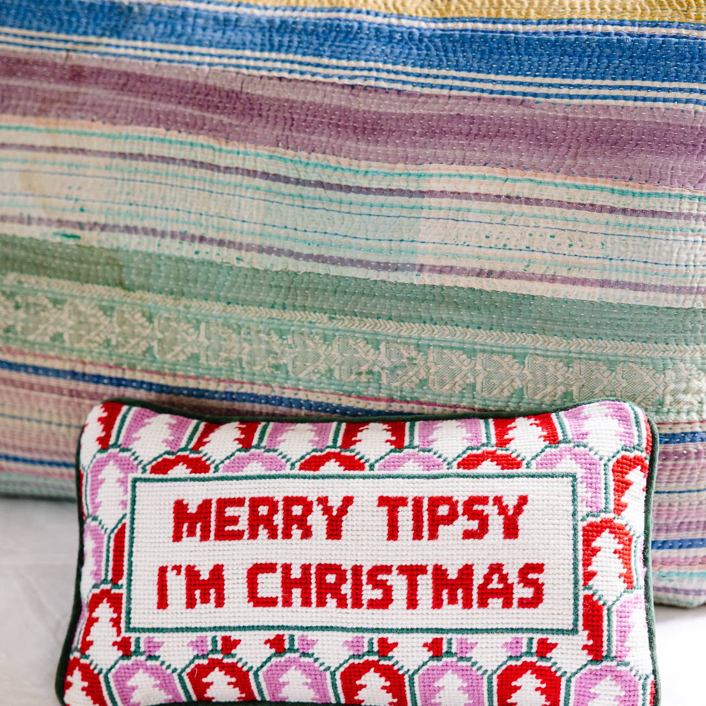 Merry Tipsy Needlepoint Pillow