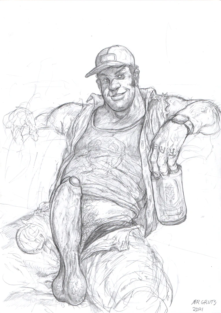Mr. Gruts, After Work Redneck Meet : unused sketch (beer in hand), 2021