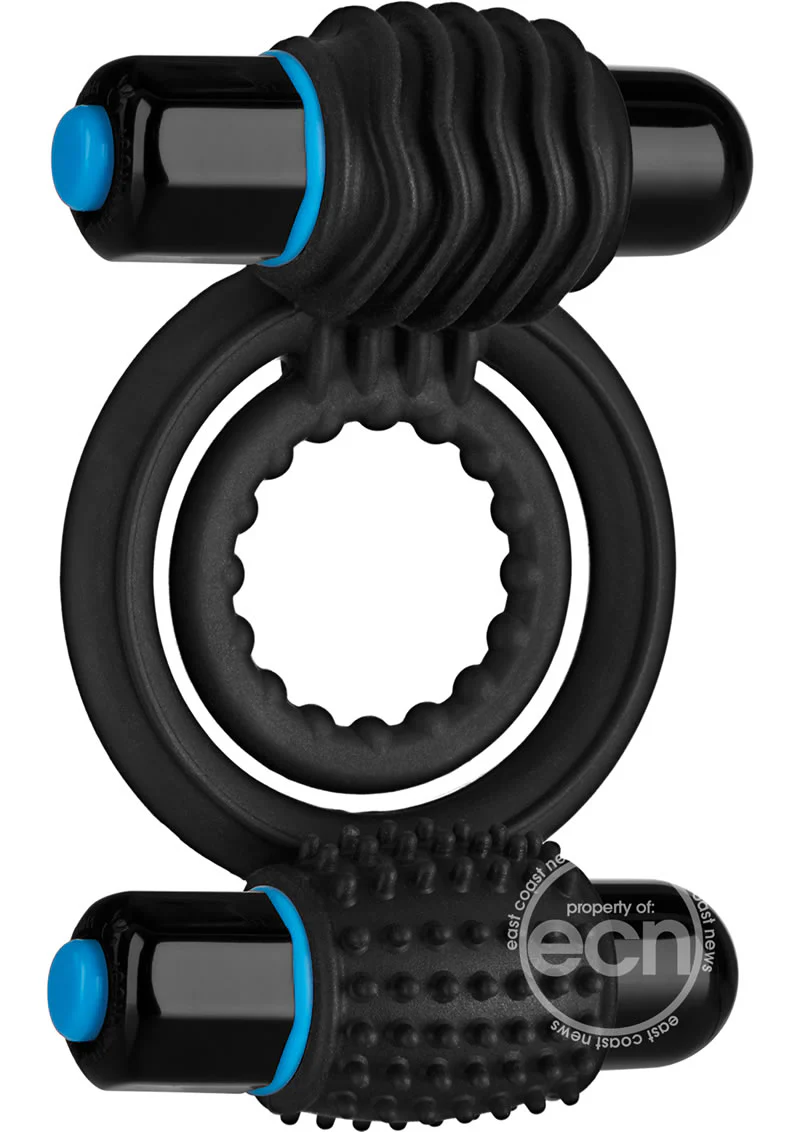 OptiMALE Silicone Vibrating Double Cock Ring With Dual Bullets - Black - Image 2