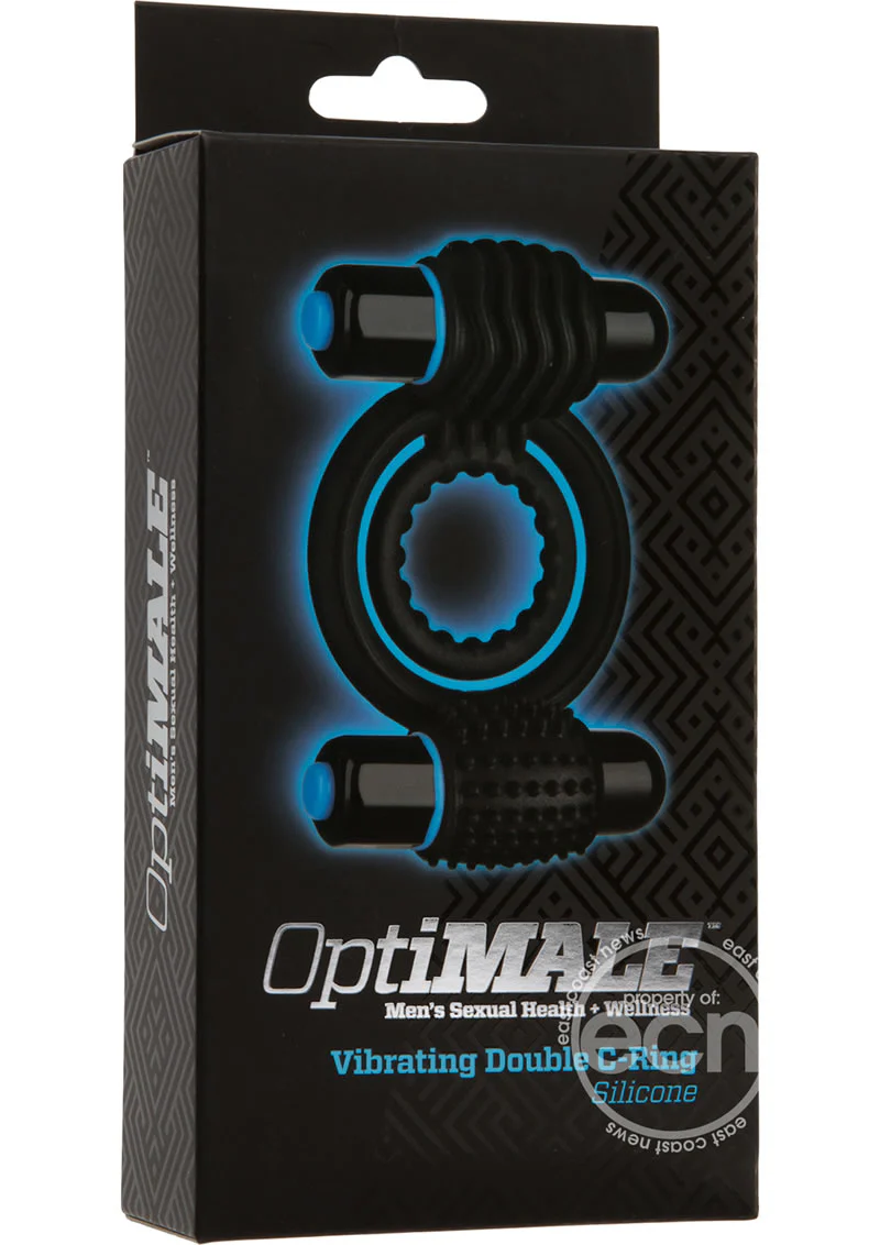 OptiMALE Silicone Vibrating Double Cock Ring With Dual Bullets - Black - Image 3