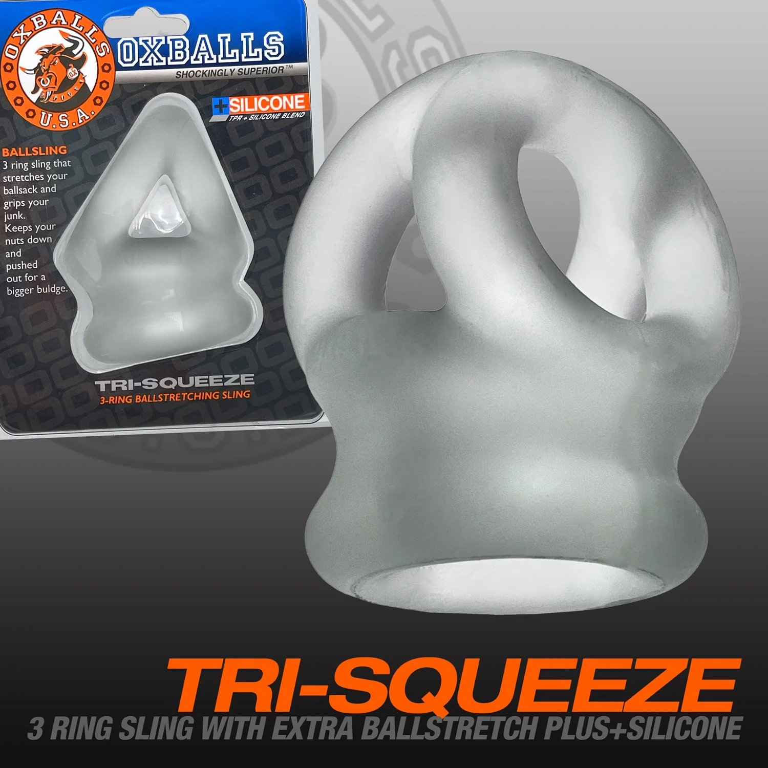 Oxballs Tri-Squeeze Silicone 3-Ring Ball Stretching Sling - Clear Ice - Image 12