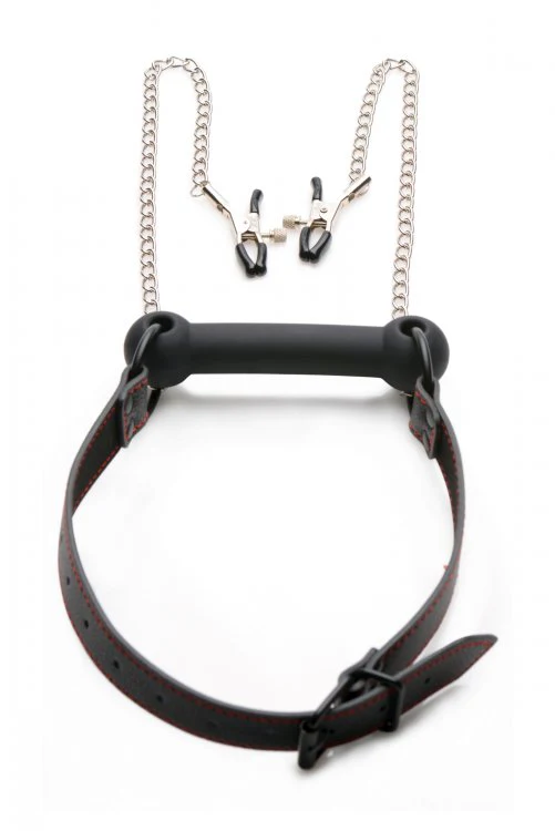 Silicone Bit Gag with Nipple Clamps  by Strict Leather - Image 2