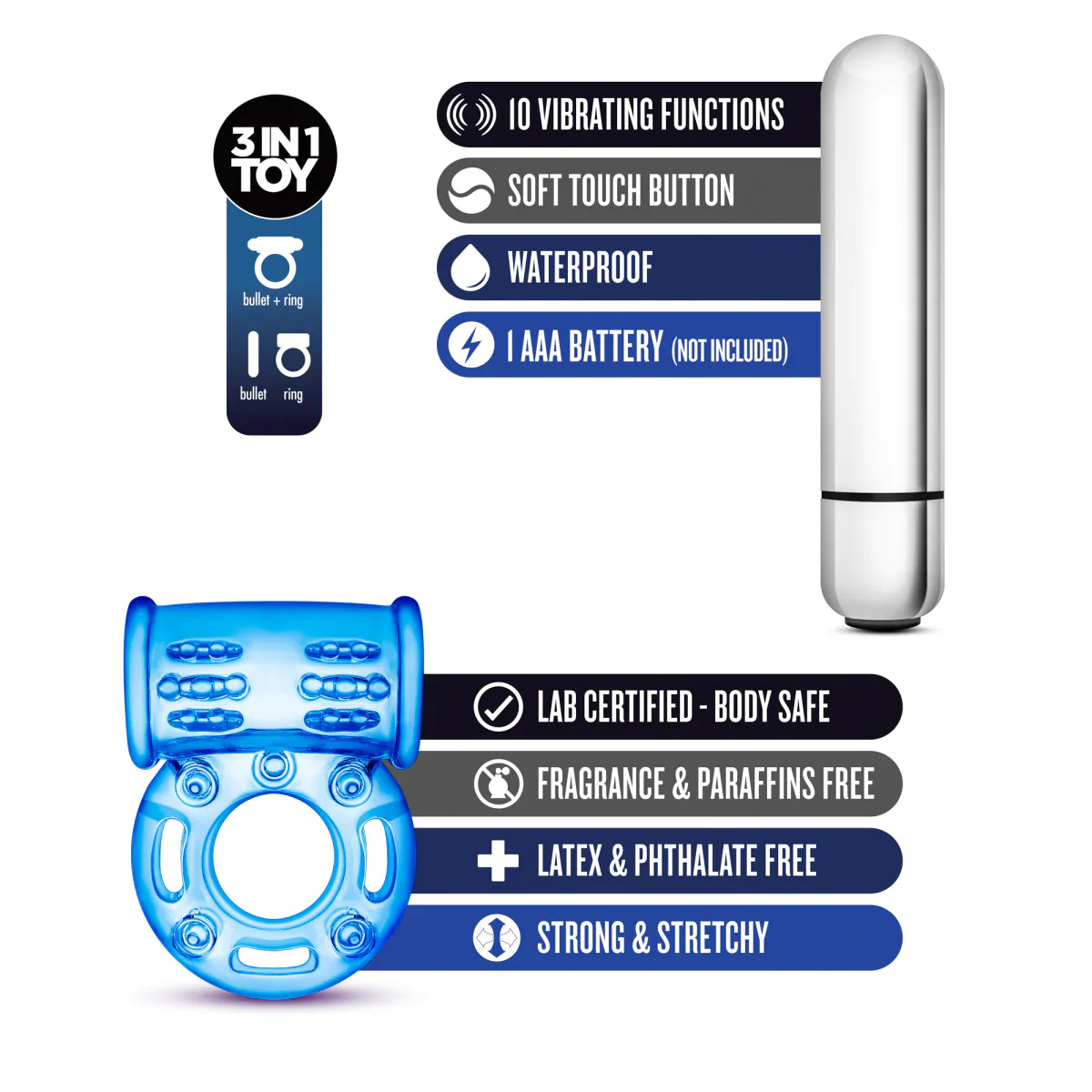 Stay Hard Bull Ring 3-In-1 Blue 10-Function Vibrating Penis Ring - Image 3
